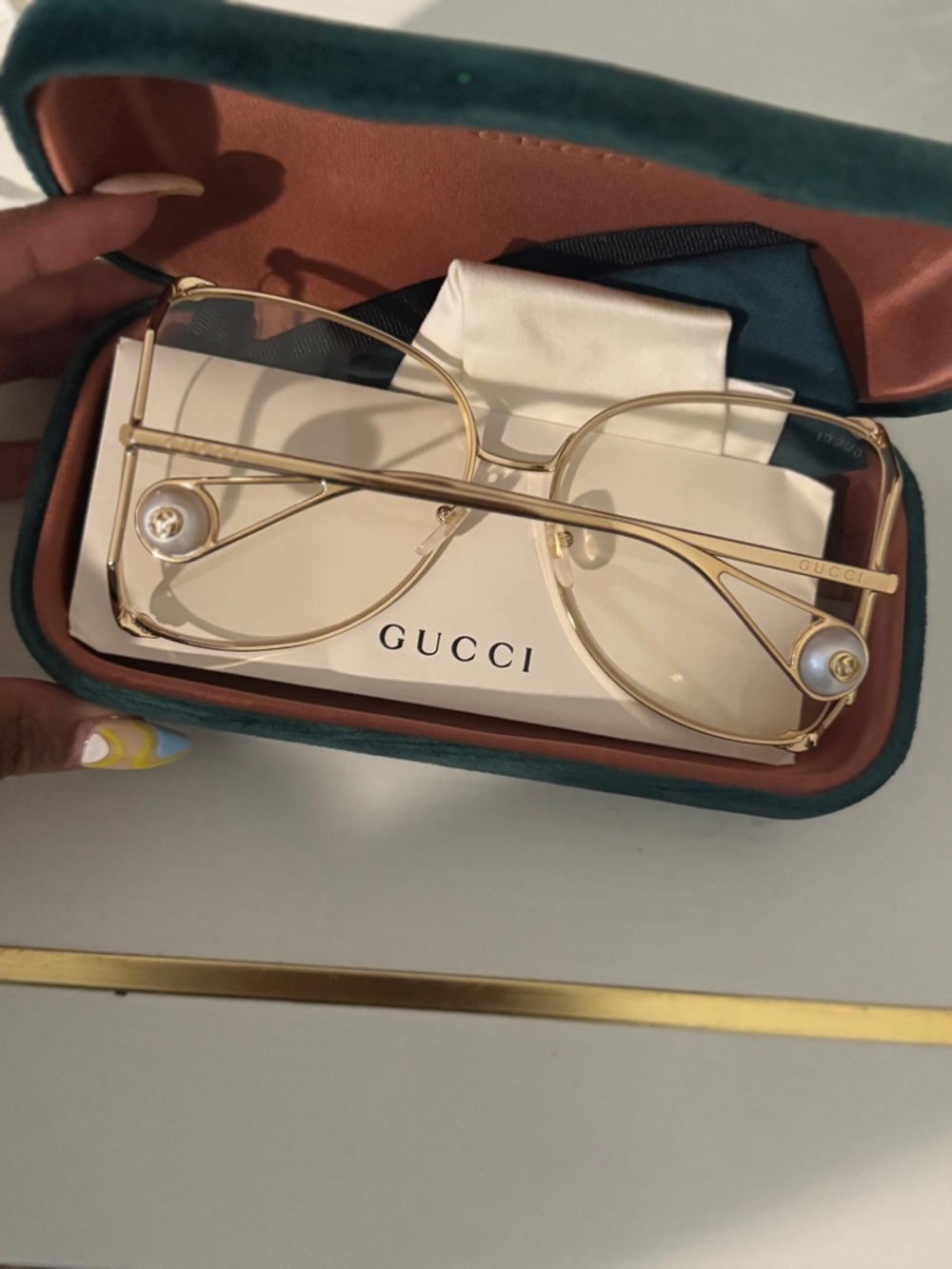 Gucci Gold Metal Aviator Glasses with Pearl Accent